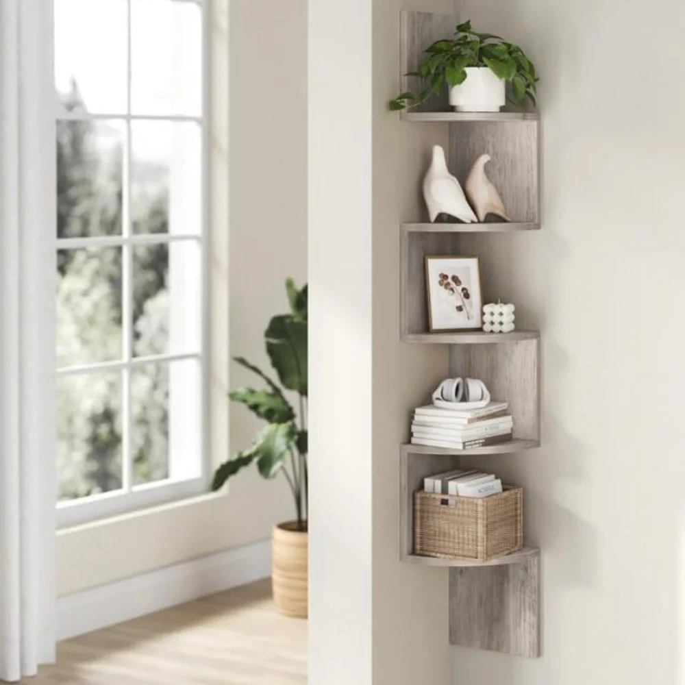 Corner Zigzag Wall Shelf in Light Gray - Modern Home Wall Decor